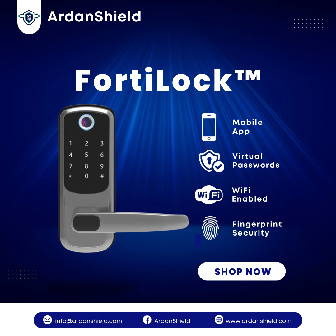 FortiLock Smart Lock Inforgraphic image showing the lock body in silver with text information showing features including mobile app, virtual passwords, Wifi, Fingerprint Security