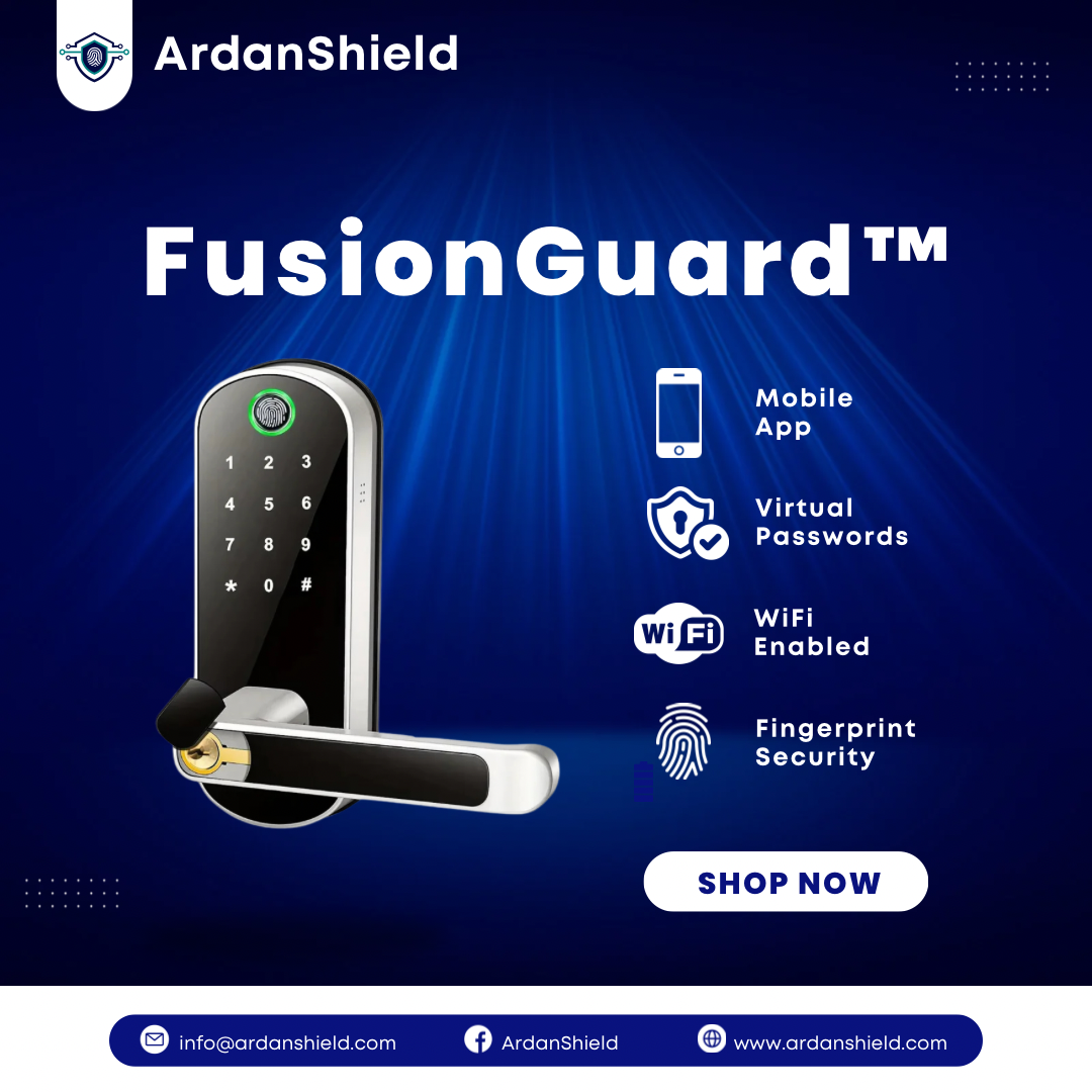 ArdanShield FusionGuard silver smart lock with fingerprint, PIN and mobile-app feature icons.