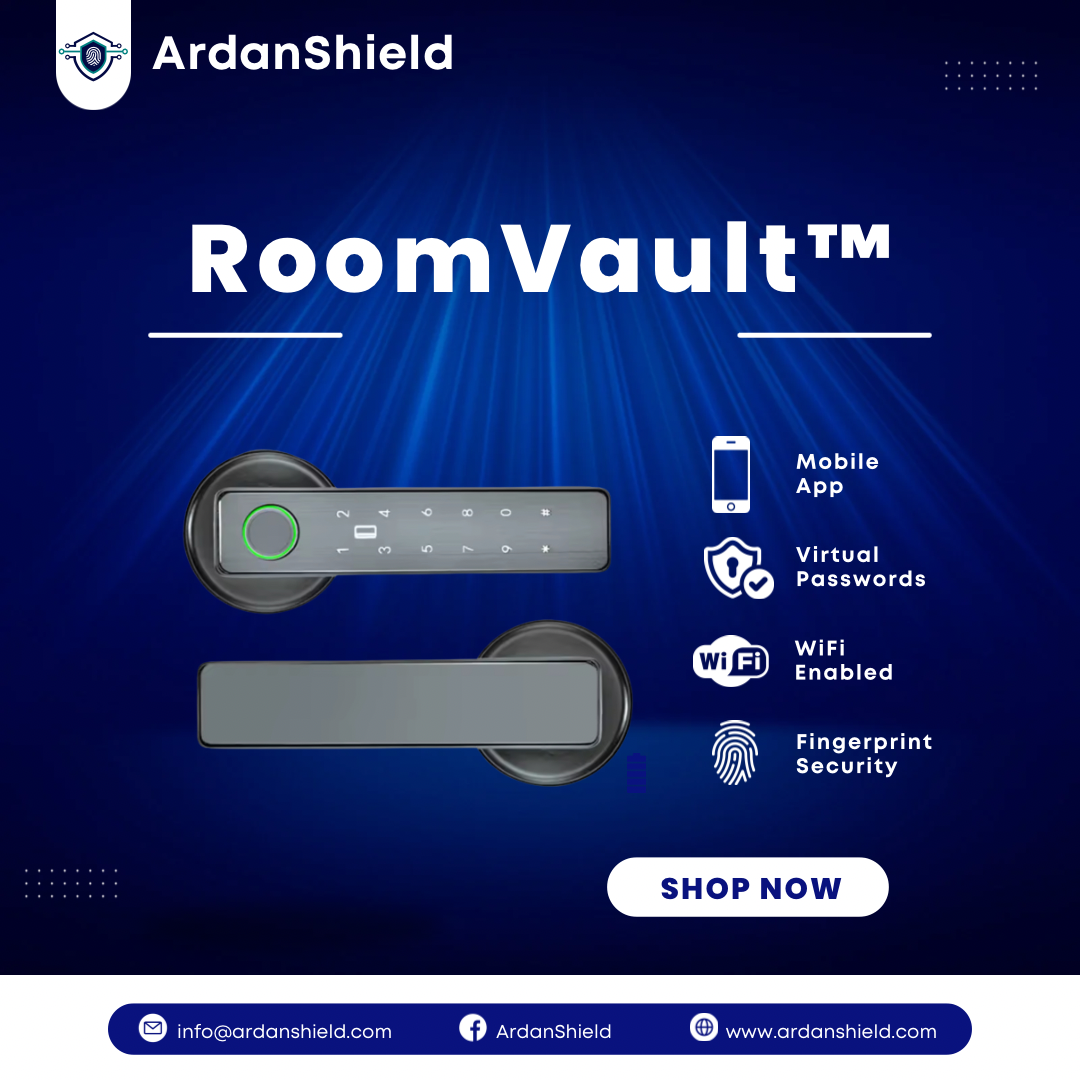 ArdanShield RoomVault grey smart handle set with fingerprint, PIN and mobile-app feature icons.
