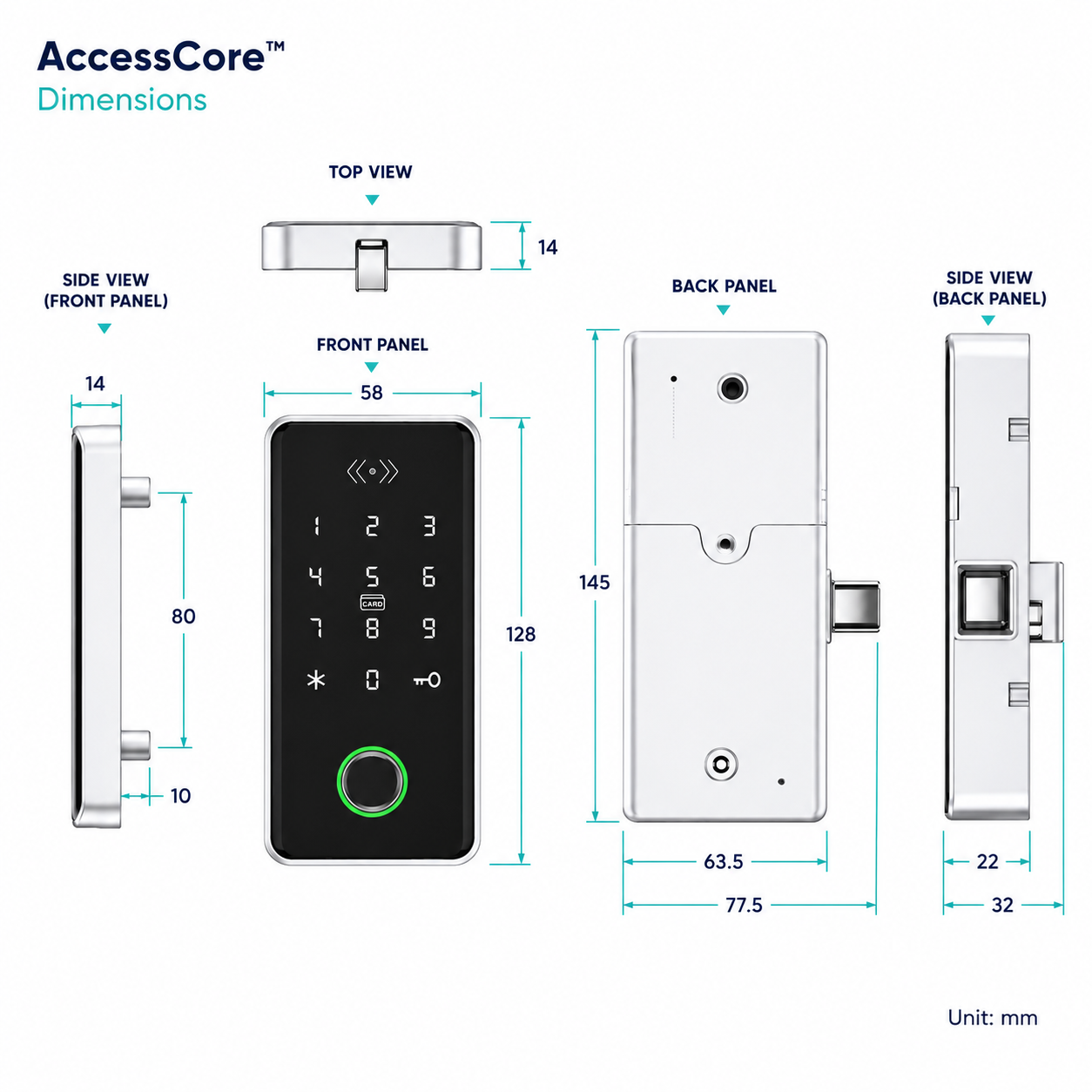 Dimension diagram of the ArdanShield AccessCore silver smart cabinet lock showing front, side and rear measurements in millimetres