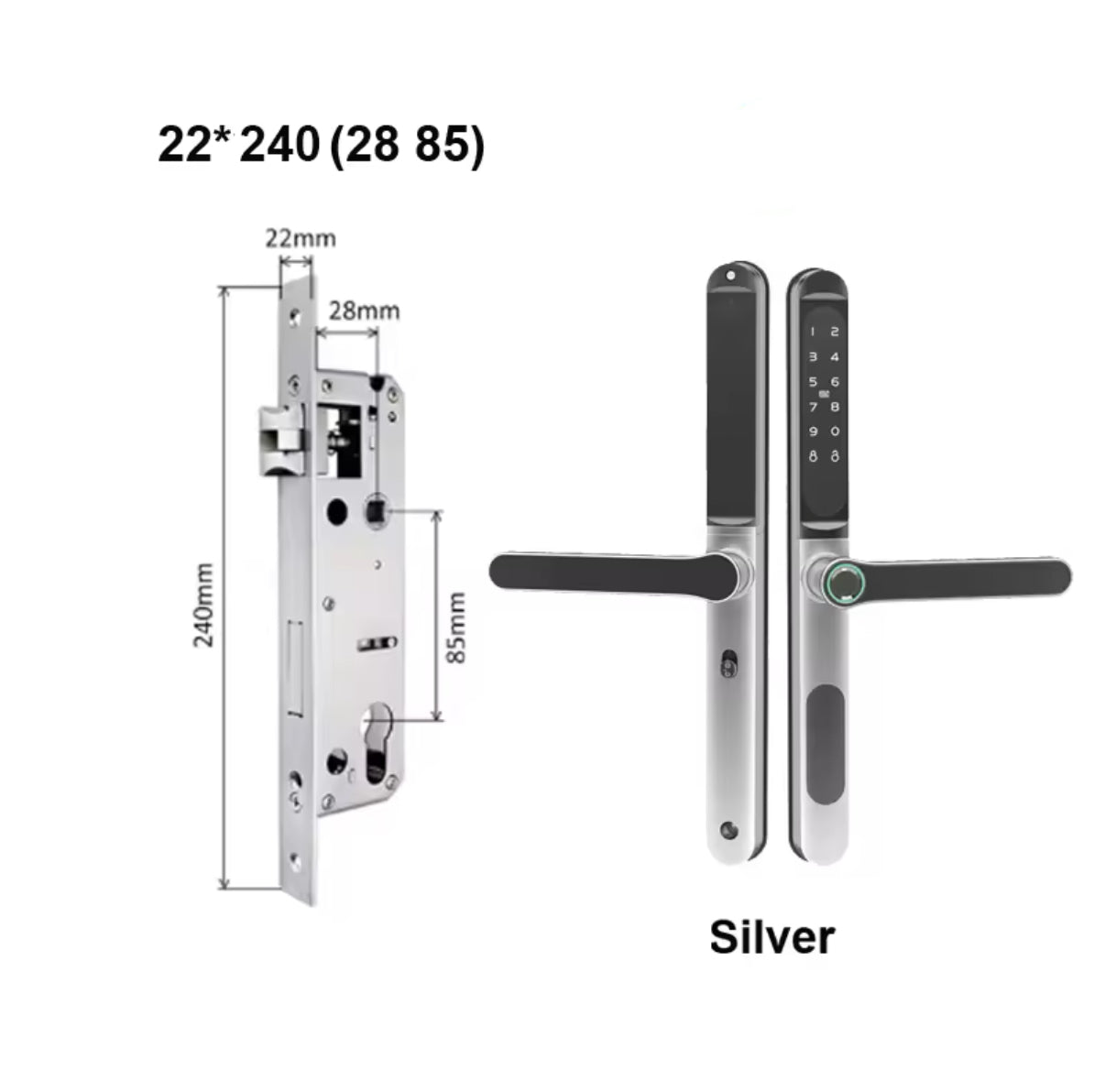 Upgrade your security with ApexLock™, a sleek smart lock with a 22 × 240 mm (28 85) mortise, perfect for homes, offices, and rentals. It features fingerprint, keypad, IC card, key, and Bluetooth app unlocking for seamless access. Made from durable aluminum alloy with an IP65 waterproof rating, it ensures reliability and style.