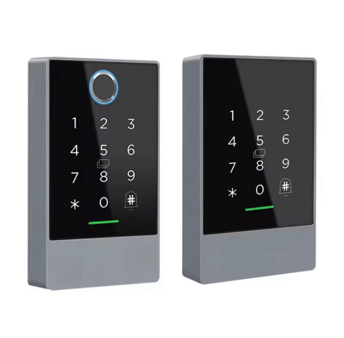 ArdanShield AccessPoint smart access control system showing front and angled views with fingerprint model and RFID card and PIN keypad entry