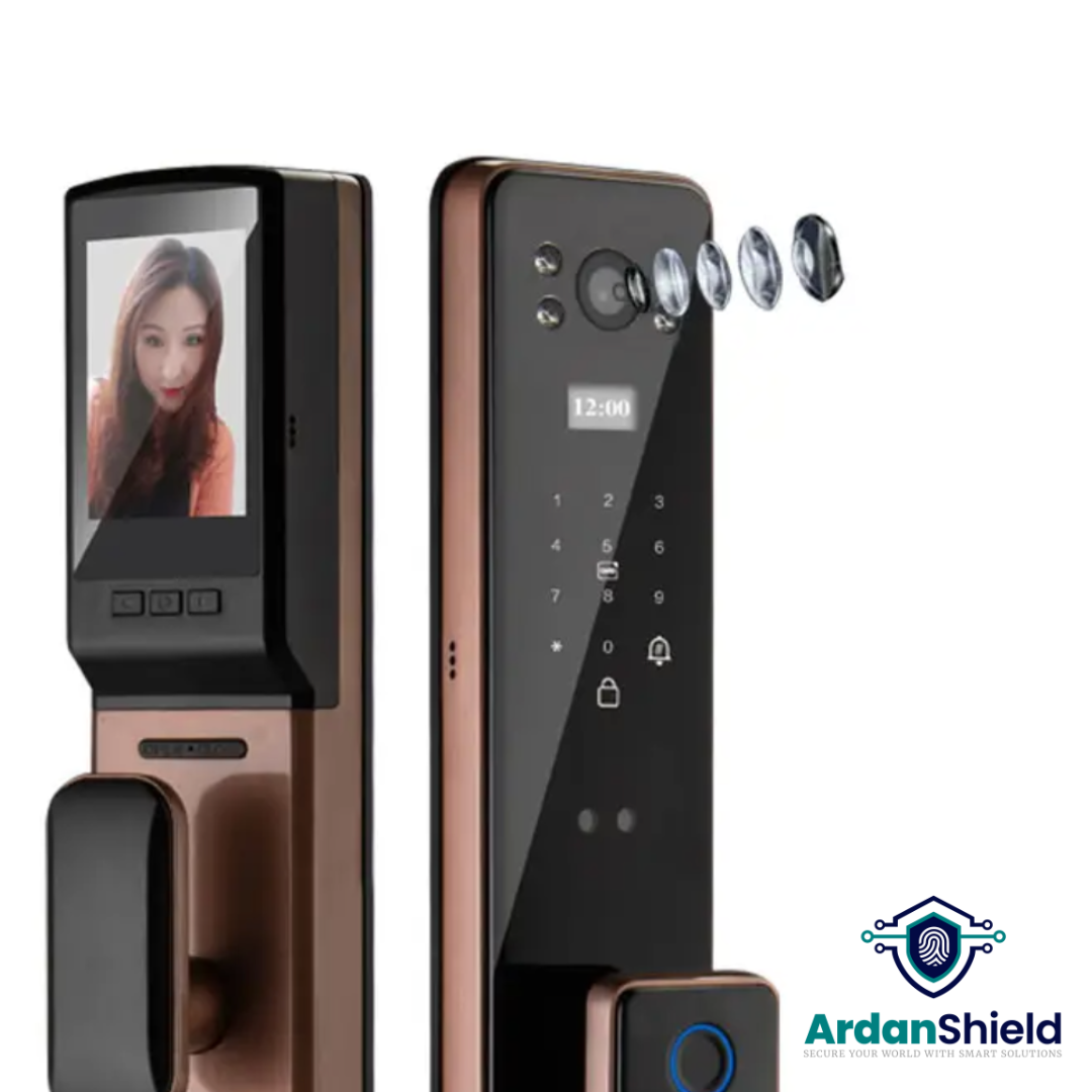 ArdanShield IdentityGuard Smart Lock Close-Up showing the Top of the Front and Rear Views highlighting the Camera, Digital Keypad, and Fingerprint Sensor in Bronze Finish