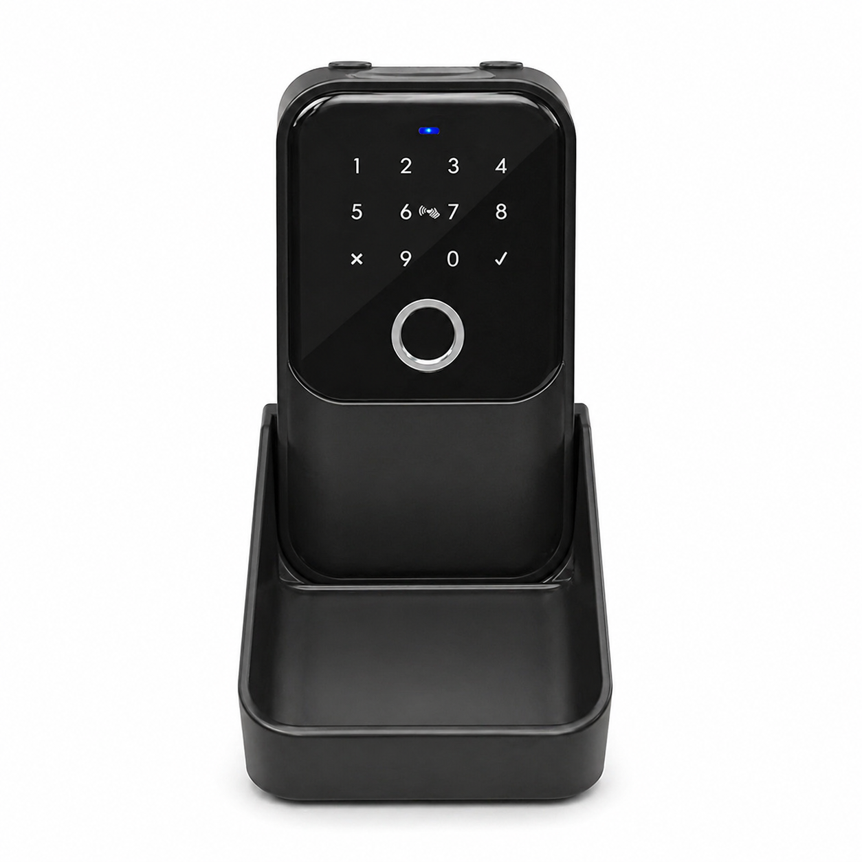 ArdanShield KeyGuard Pro in front view with Black smart key safe lock box with fingerprint sensor and numeric keypad and water repellent cover open on a white background