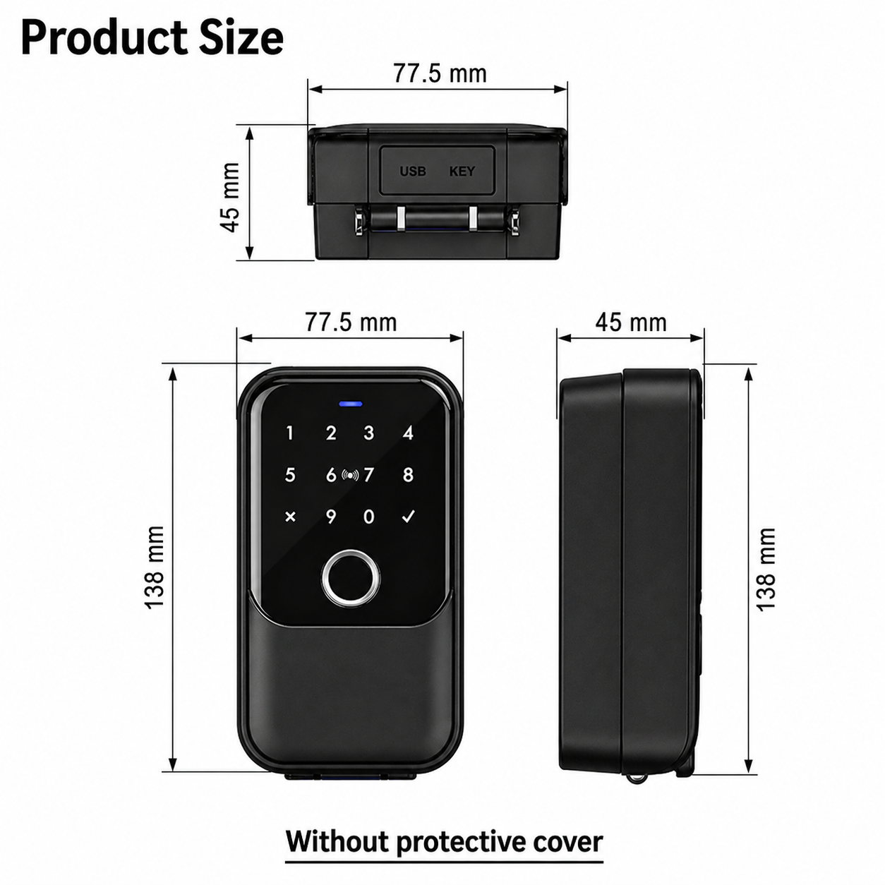 ArdanShield KeyGuard Pro in Black with dimensions labeled without protective cover on a white background