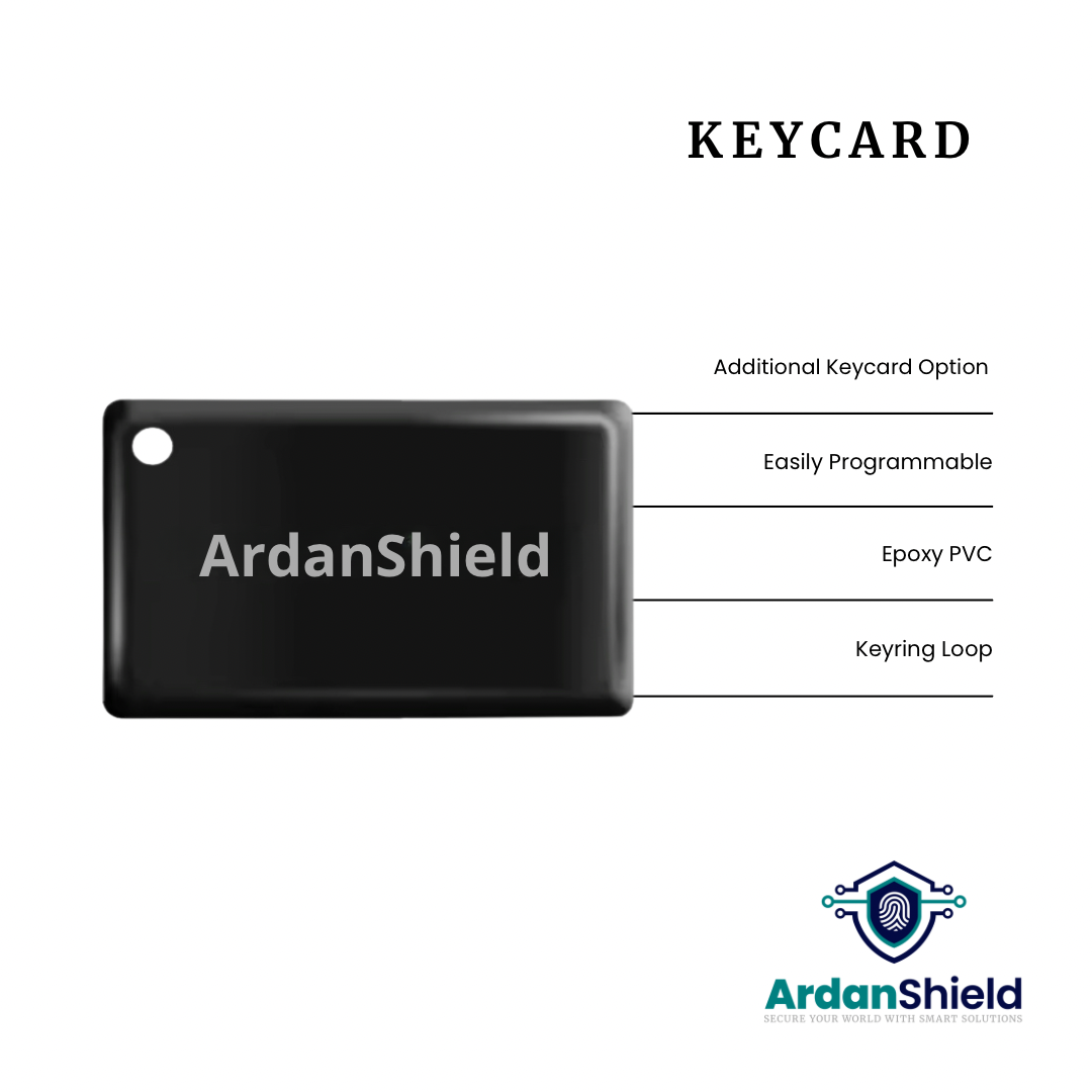 ArdanShield RFID IC Keycard Infographic image detailing the additional key card option, easily programmable, epoxy PVC and keyring loop.