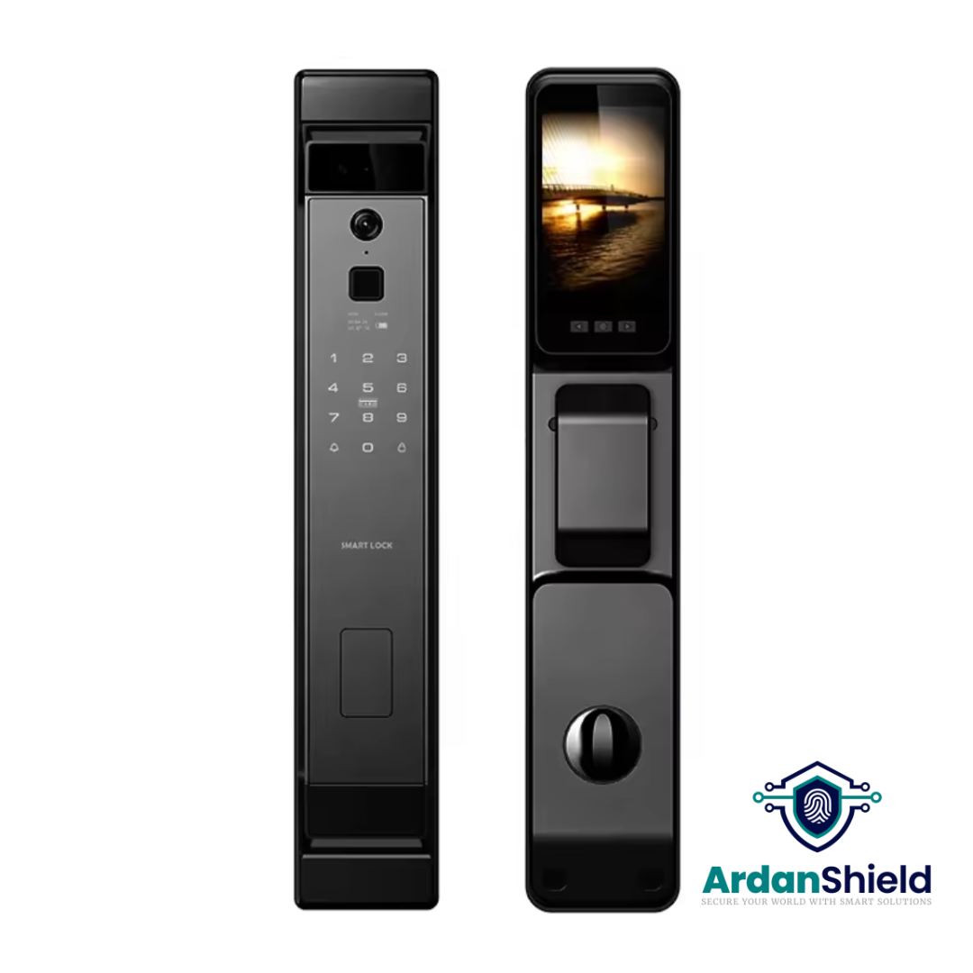 Front and rear views of the TrueFace Smart Lock showing the digital keypad, biometric fingerprint sensor, facial recognition camera, and rear digital display with manual handle and reverse lock.