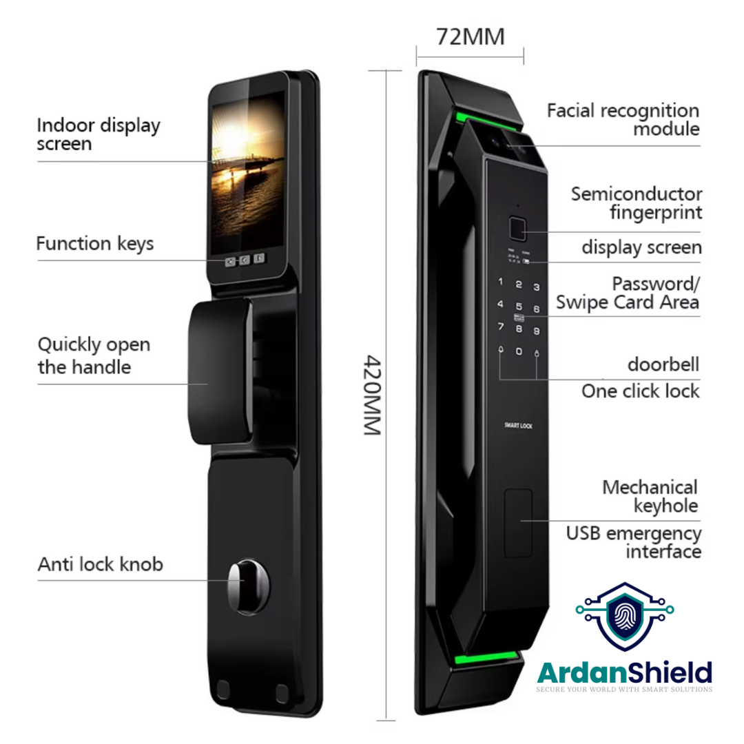 ArdanShield TrueFace infographic showing size dimensions 420 mm × 72 mm and key features including facial recognition, semiconductor fingerprint, display screen, doorbell, RFID, IC card area, mechanical key, USB port, anti-lock knob, quick-open handle, function keys, and indoor display screen.