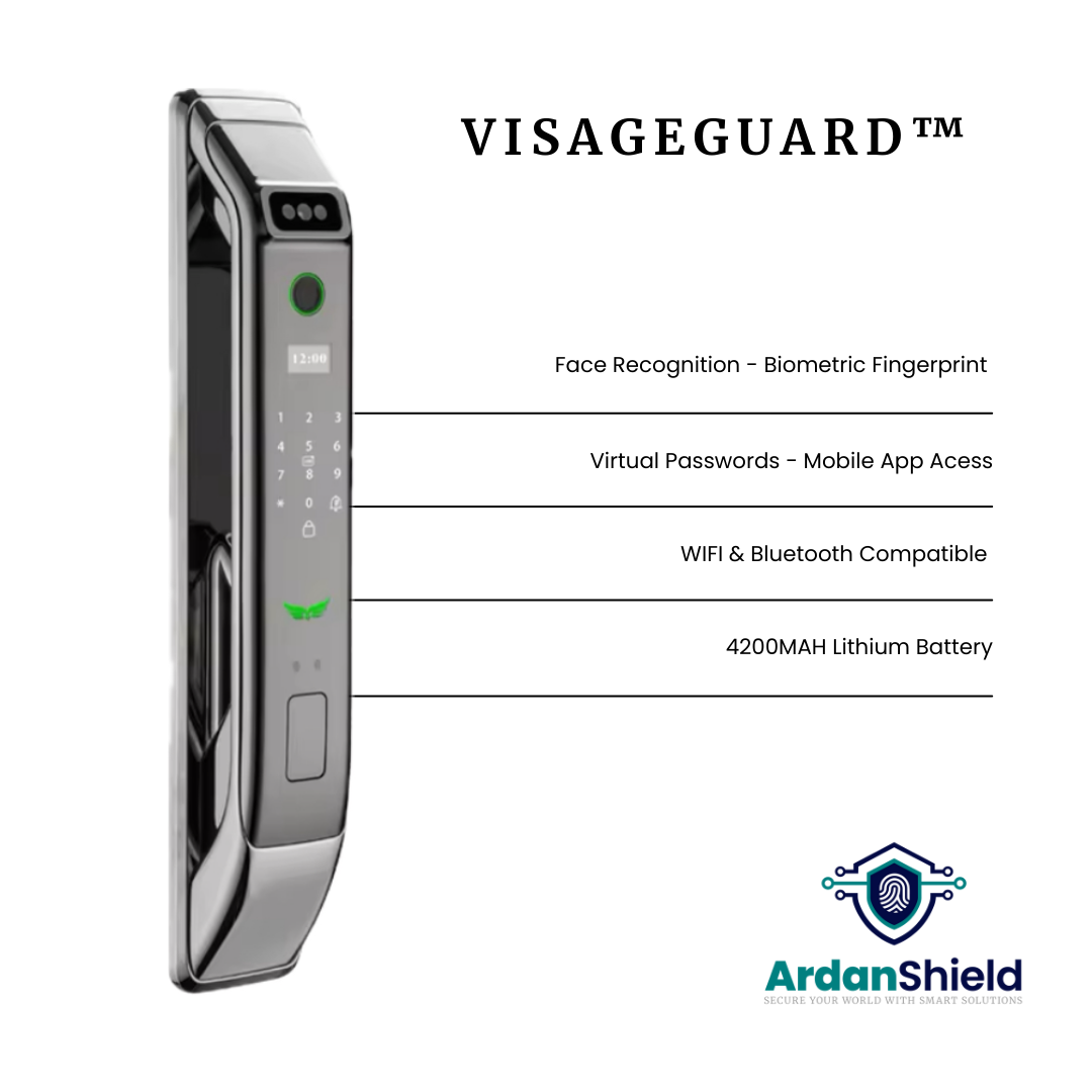 ArdanShield VisageGuard Facial Recognition Smart Lock in Silver colour showing infographic details including facial recognition camera, biometric fingerprint sensor, digital keypad, virtual passwords, WiFi, Bluetooth, and 4200mAh lithium battery.