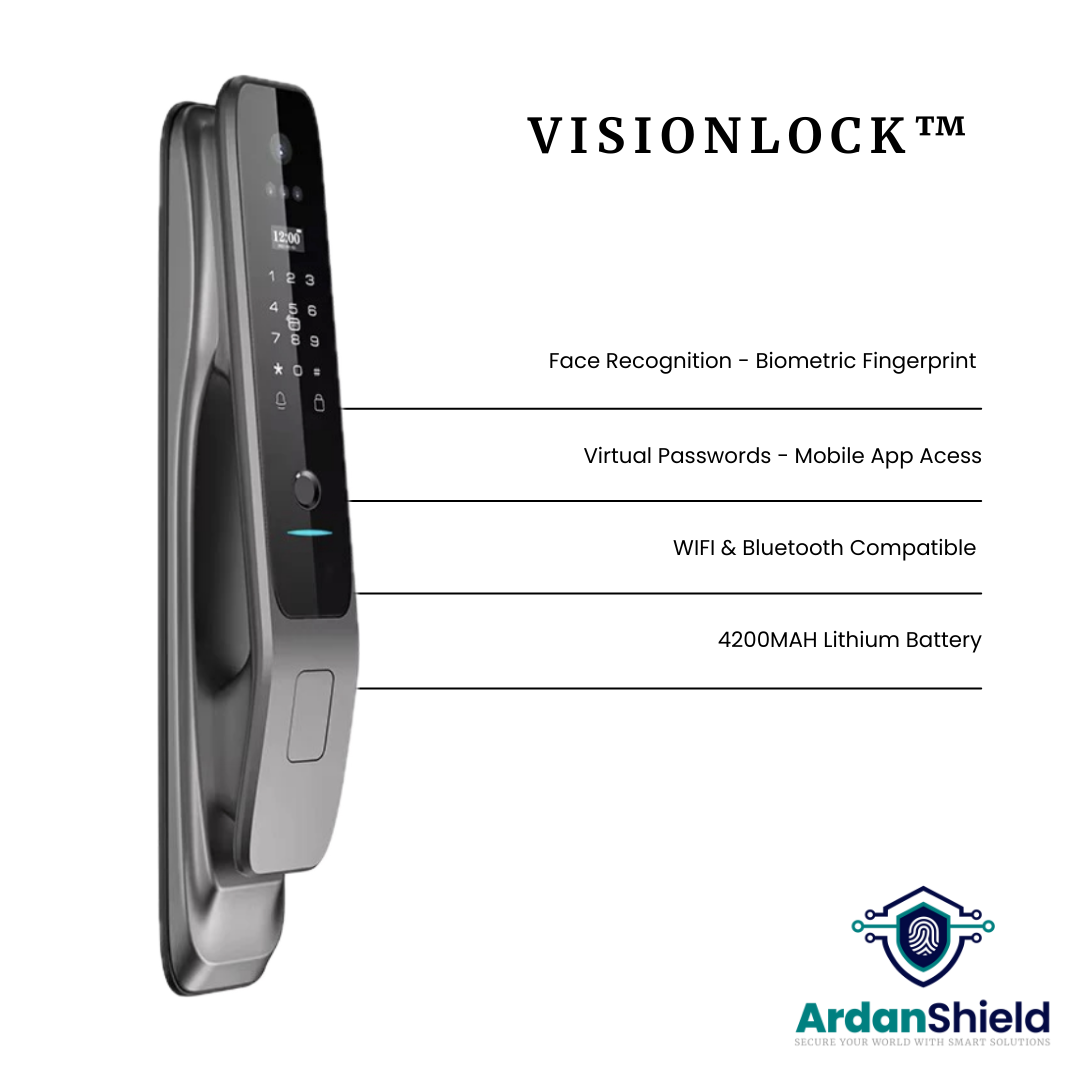 ArdanShield VisionLock Facial Recognition Smart Lock front view infographic showing facial recognition camera, fingerprint sensor, virtual password keypad, mobile app access, Wi-Fi and Bluetooth connectivity, and 4200 mAh lithium battery — advanced Tuya smart lock for UK home security.