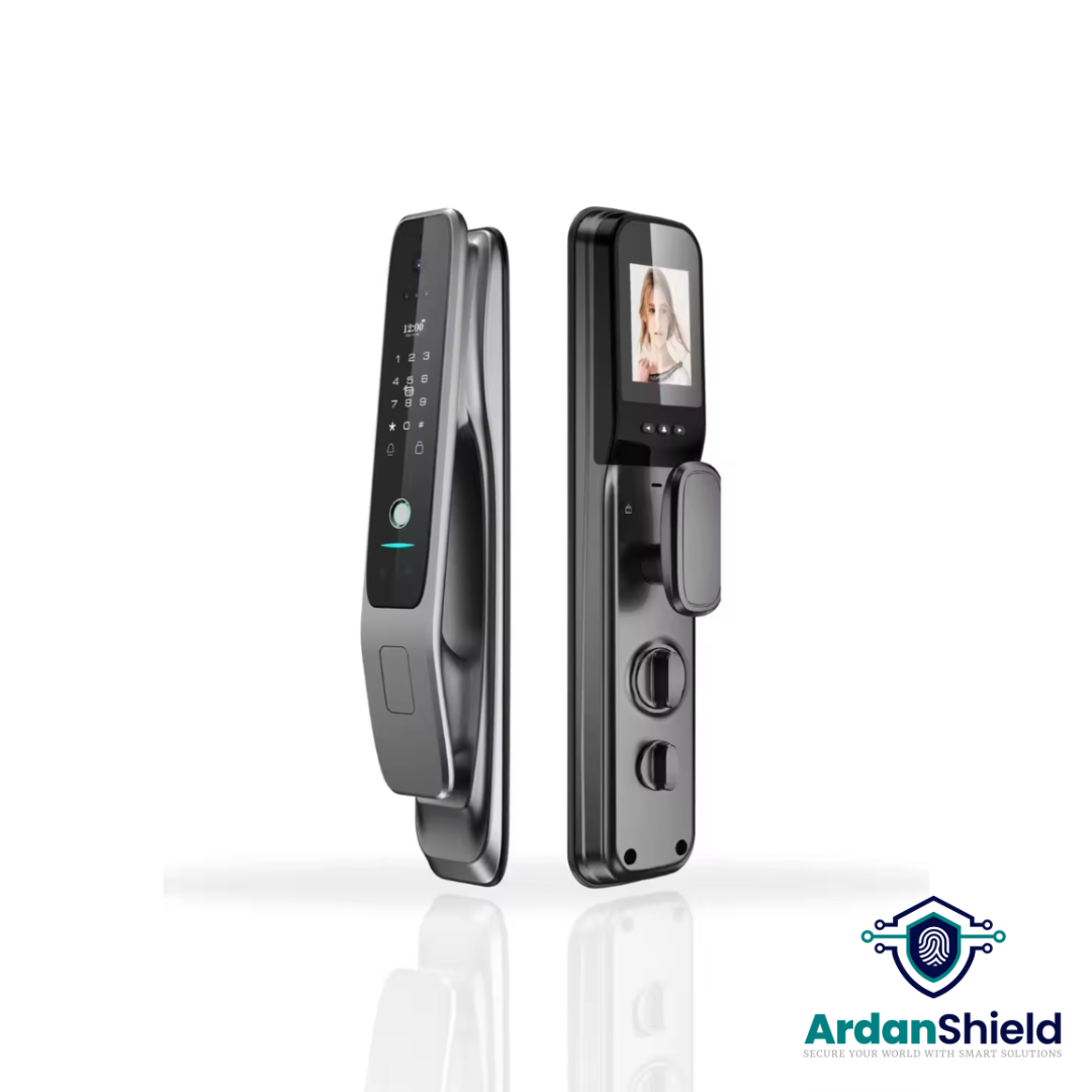 ArdanShield VisionLock Facial Recognition Smart Door Lock in Silver showing front and rear views with facial recognition camera, fingerprint sensor, digital keypad, and HD display — advanced Tuya smart lock for UK homes.