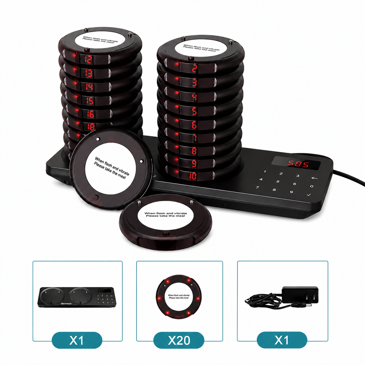 ArdanShield wireless restaurant pager calling system with 20 rechargeable guest pagers, black charging dock, keypad control base and power adapter on white background