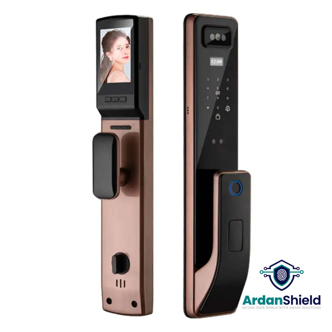 ArdanShield IdentityGuard Facial Recognition Smart Lock Front and Rear View in Bronze Colour showing the Digital Keypad, Camera, Fingerprint Sensor on the Front and Colour Screen with Manual Lock Handles on the Rear