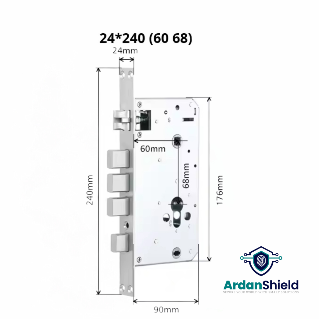 ArdanShield IdentityGuard Smart Lock Mortise 6068 showing Dimensions of 24x240mm for UK Door Compatibility