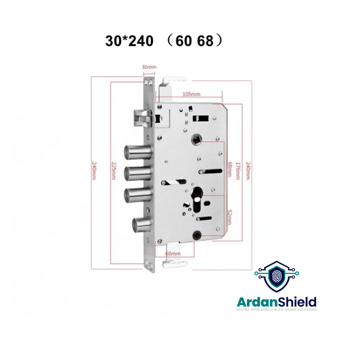 ArdanShield IdentityGuard Smart Lock Mortise 6068 showing Dimensions of 30x240mm for UK Door Compatibility