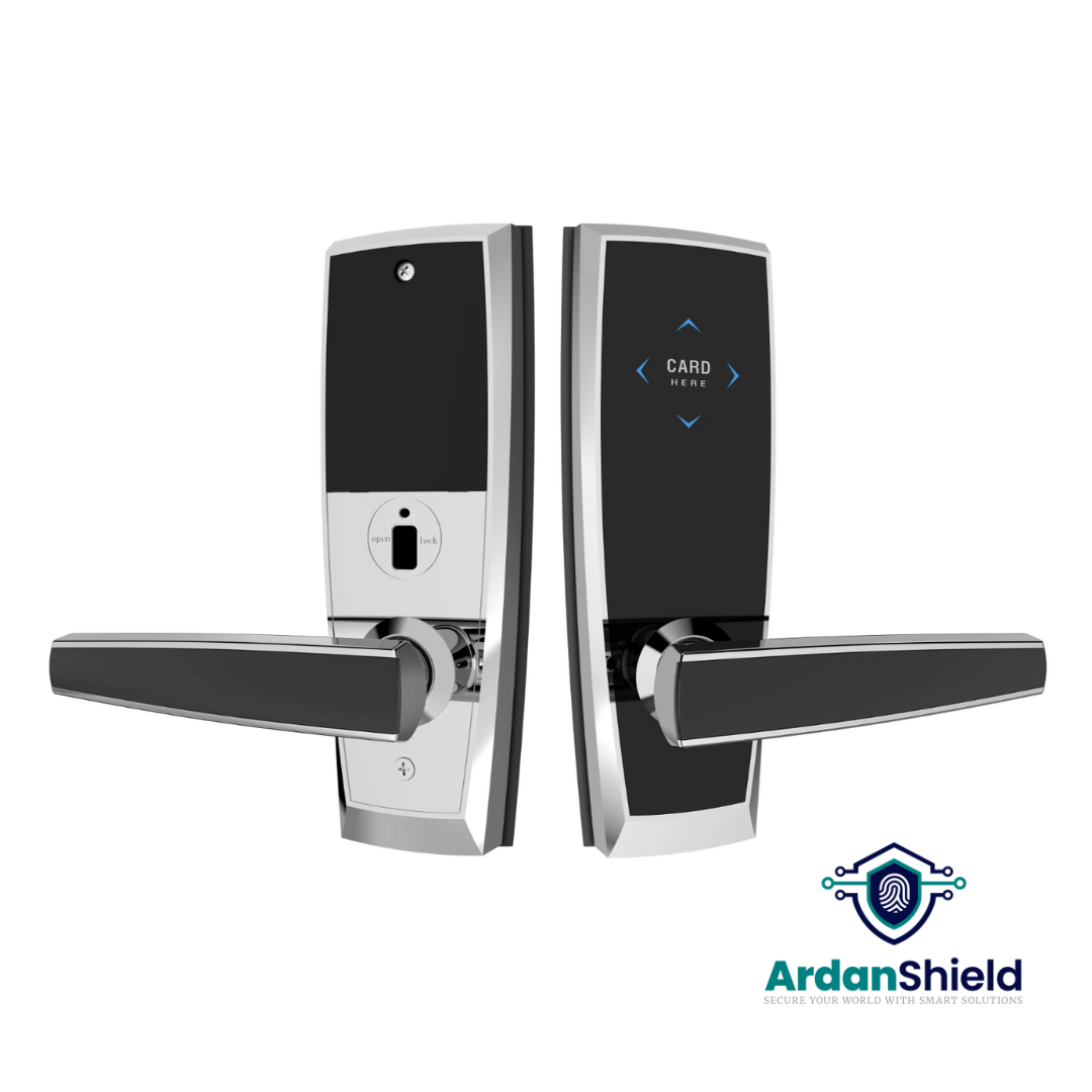 ArdanShield LuxeGuard™ Hotel Smart Lock in Chrome colour showing front and rear view of the lock body, including the Mifare key card area and handle design for hotel room doors.