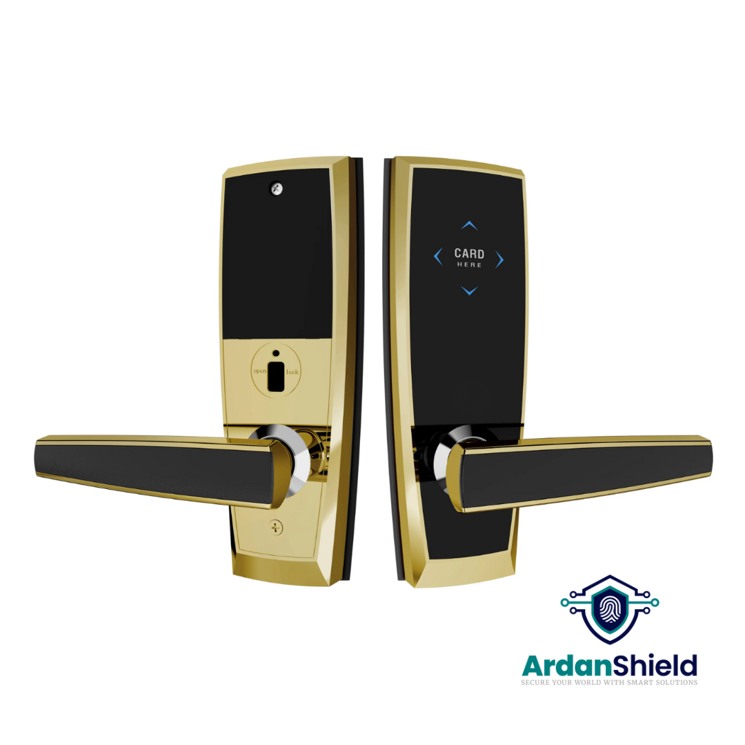 ArdanShield LuxeGuard™ Hotel Smart Lock in Gold colour showing front and rear view of the lock body, featuring the Mifare key card access area and elegant handle design for hotel room doors.