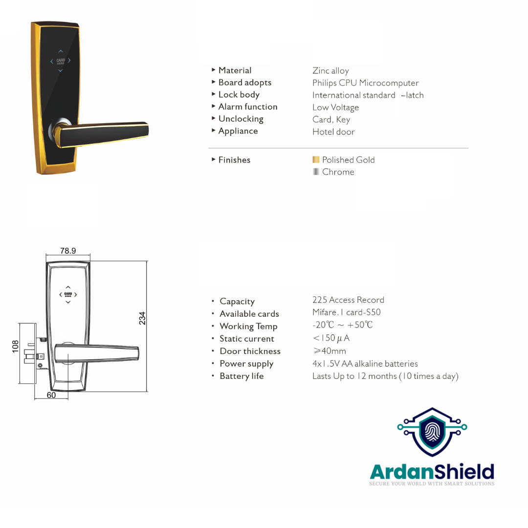 ArdanShield LuxeGuard™ Hotel Smart Lock Infographic in Gold colour showing front view of the lock with dimensions, featuring Zinc Alloy construction, International 5 Latch Lock, Low Voltage Alarm, RF key card access, Philips CPU microcomputer, 225 access record capacity, and Mifare 1 S50 card compatibility.