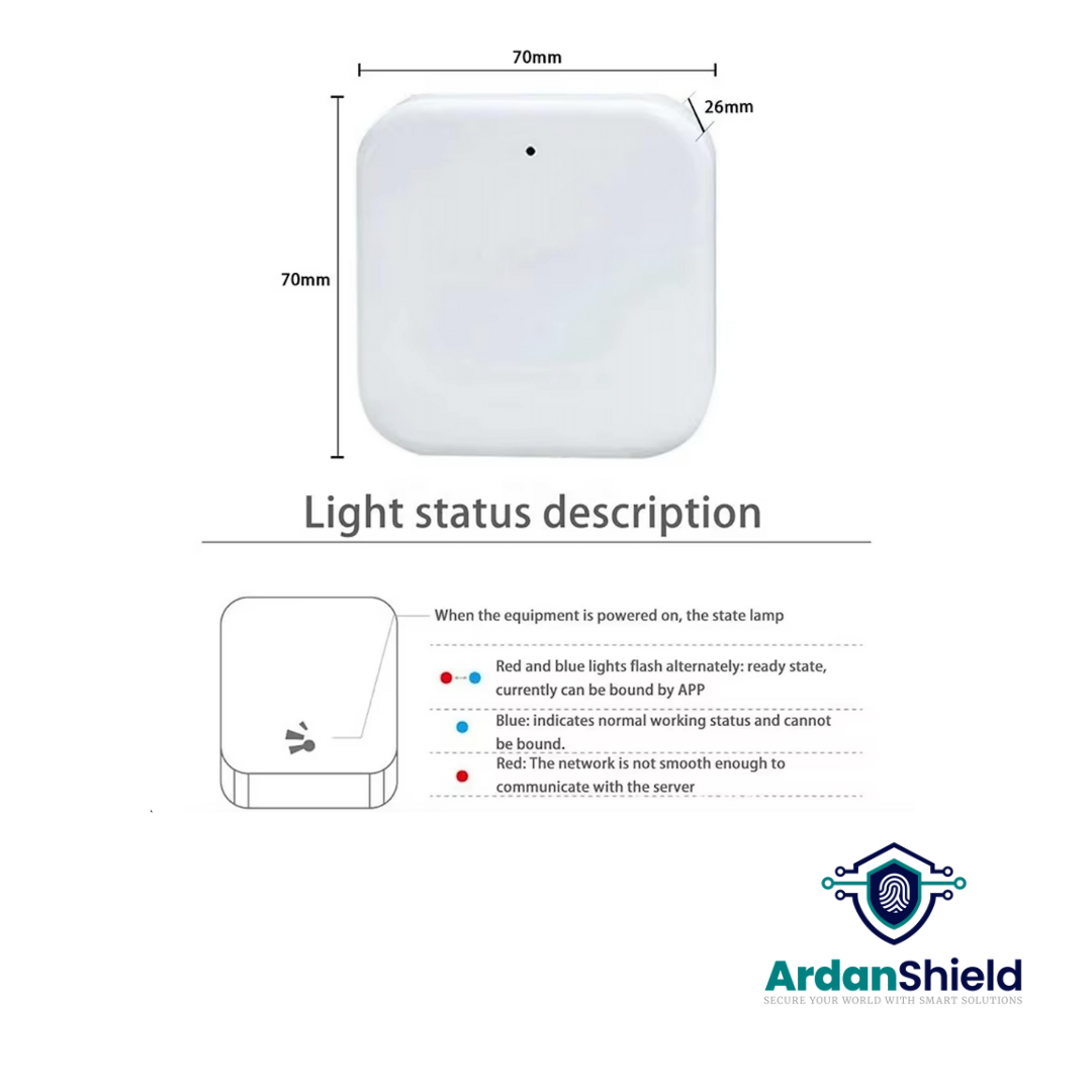 Image shows gateway smart lock dimensions 70mm x 70mm x 26mm and shows imagery for light status