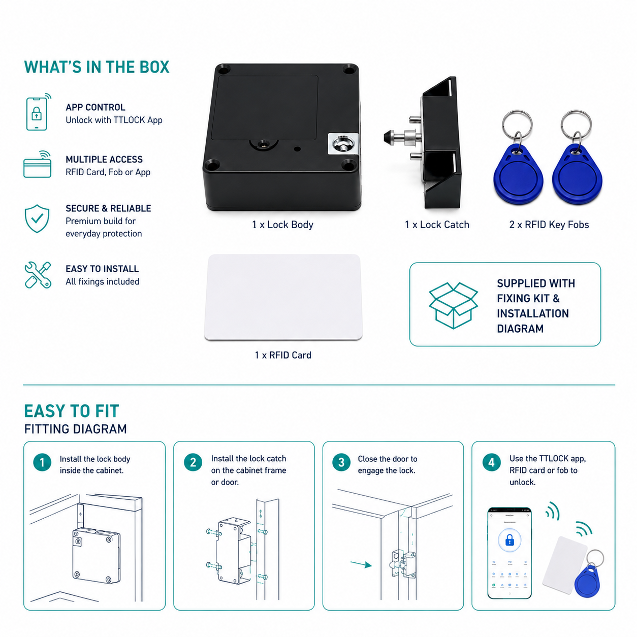 ArdanShield VaultCore smart cabinet lock box contents including RFID key fobs card and installation diagram