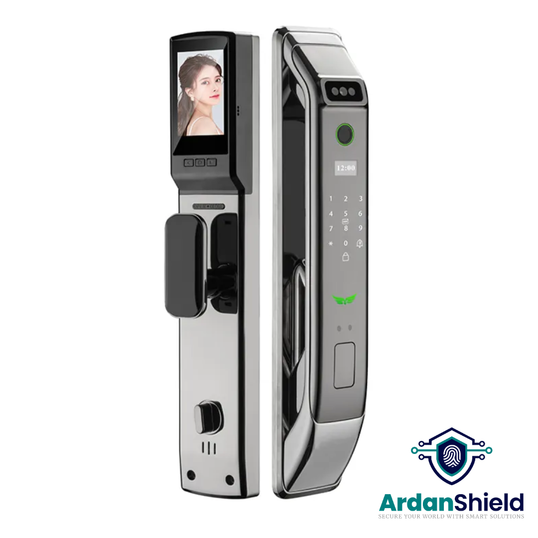 ArdanShield VisageGuard Facial Recognition Smart Lock in Silver colour showing front and rear view with facial recognition camera, biometric fingerprint sensor, digital keypad, and on the rear digital display screen, manual handle, and reverse lock knob.