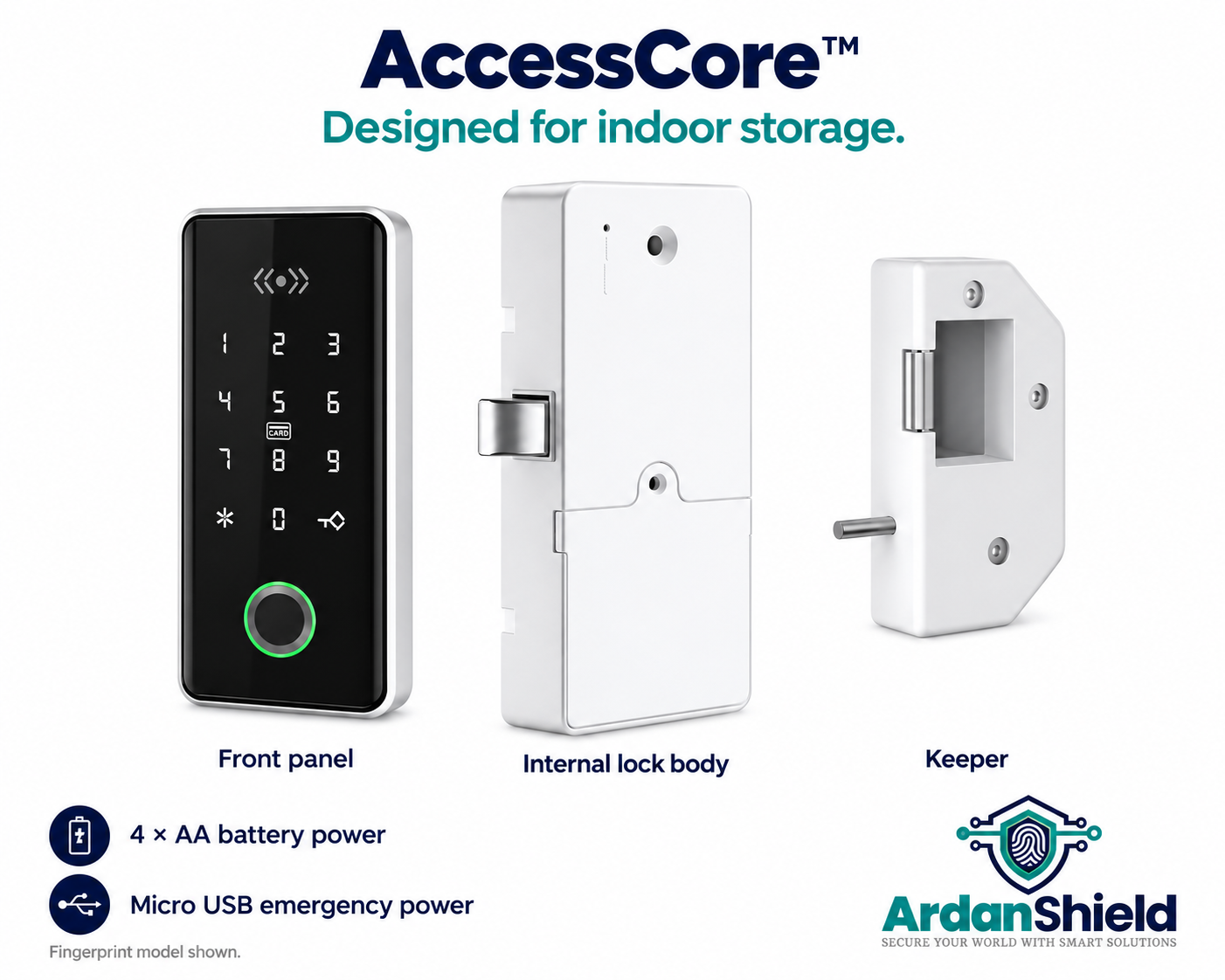 AccessCore fingerprint front panel, internal lock body and keeper with AA battery and Micro USB emergency power details.