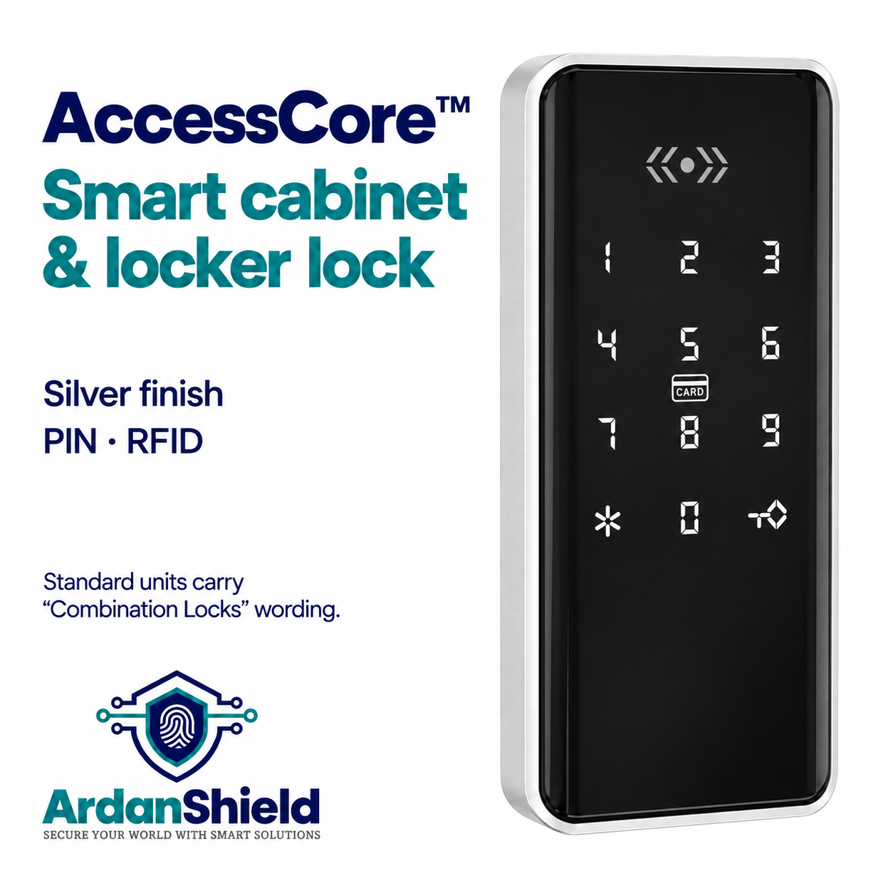 AccessCore silver PIN and RFID cabinet lock without fingerprint reader, with standard wording notice.