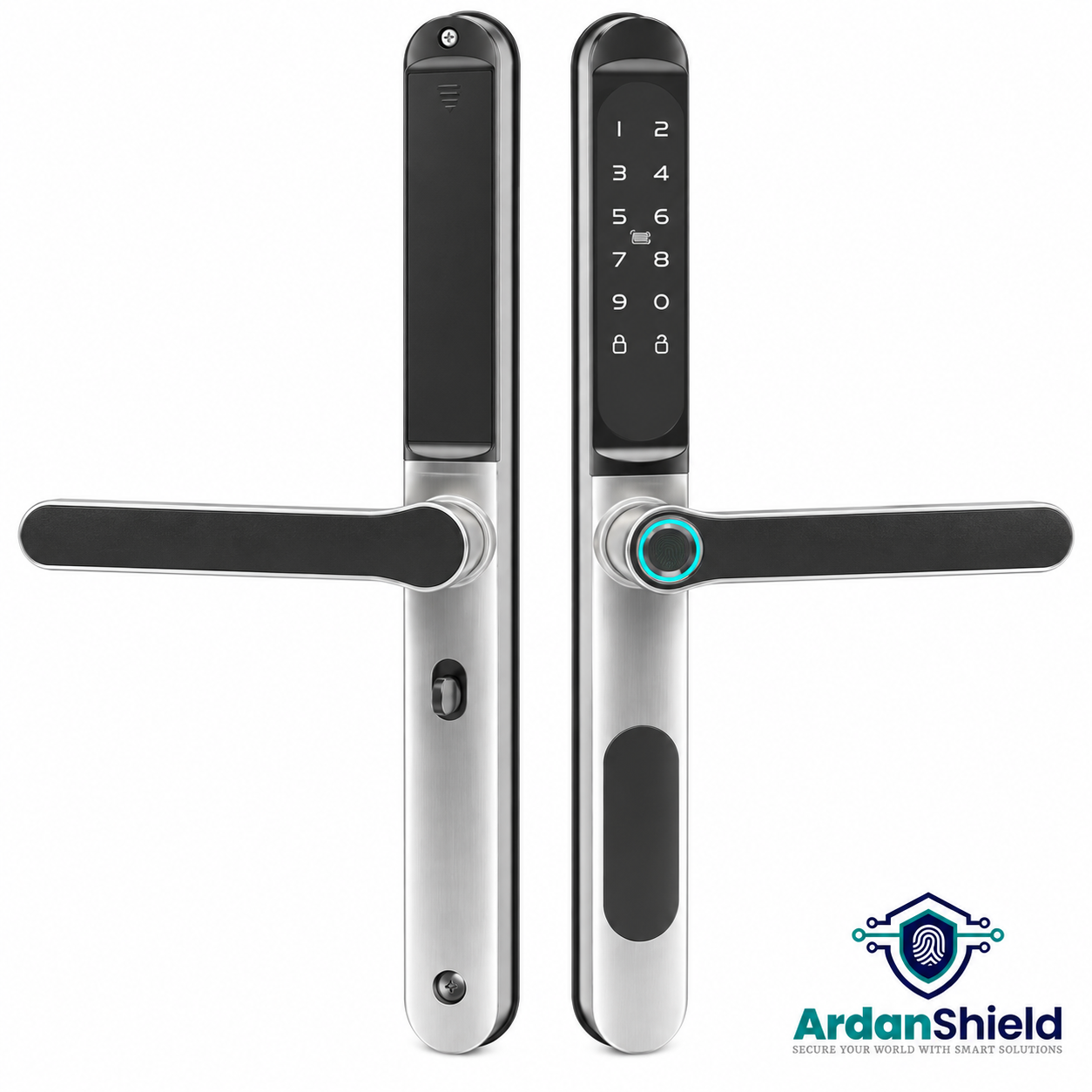 ApexLock silver exterior and interior smart handle set on white