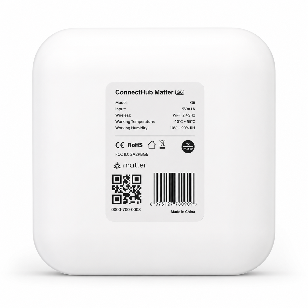 ArdanShield ConnectHub Matter smart gateway, rear view with product label and QR code.