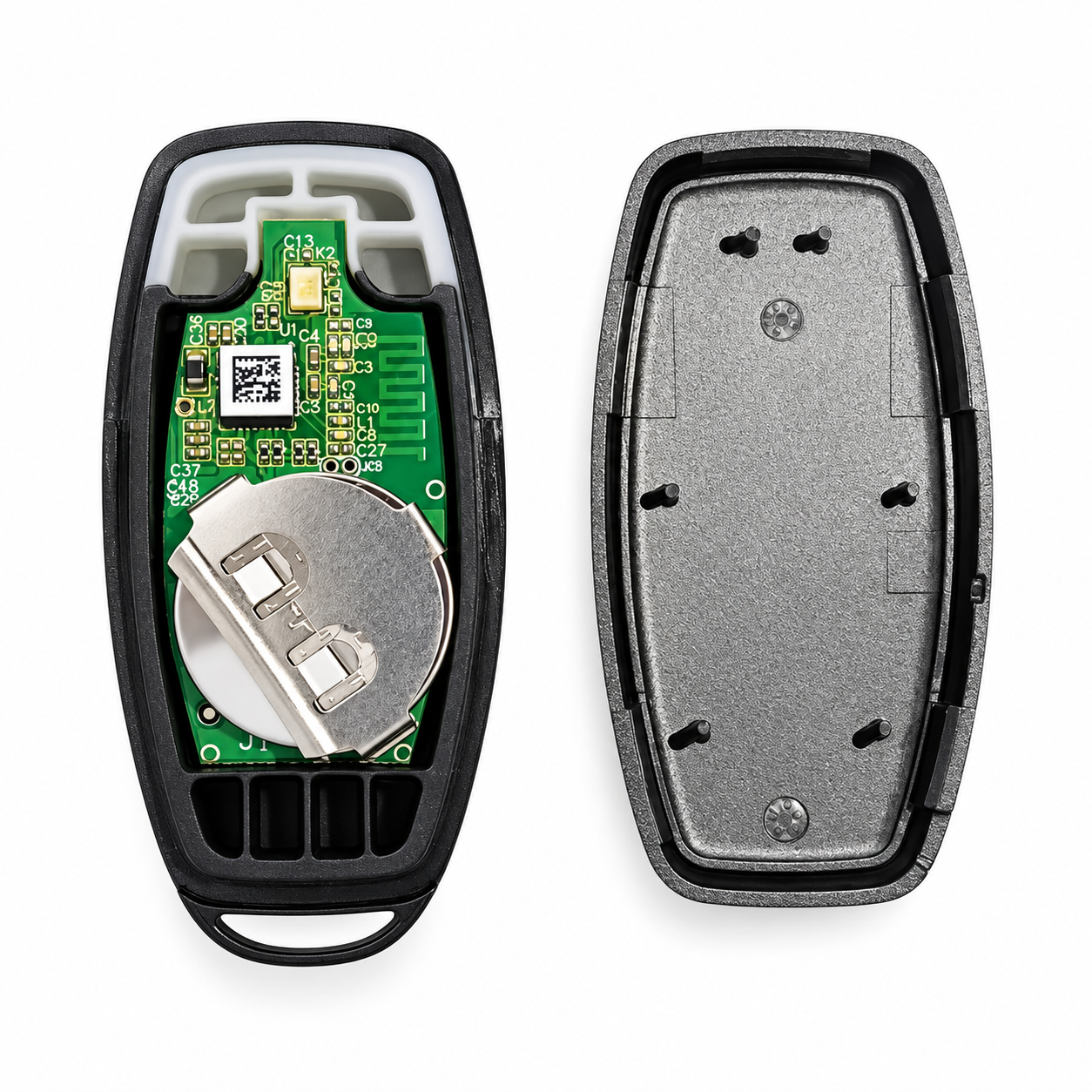 EntryFob rear cover removed, showing the coin cell holder; battery not included.