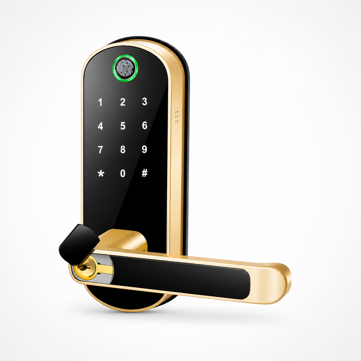 ArdanShield FusionGuard gold smart lock, angled view with keypad, fingerprint reader and backup keyhole.