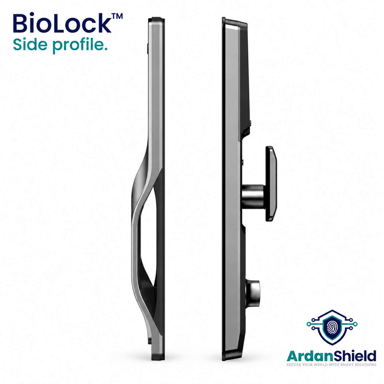 BioLock side profiles showing curved exterior grip and projecting interior handle.
