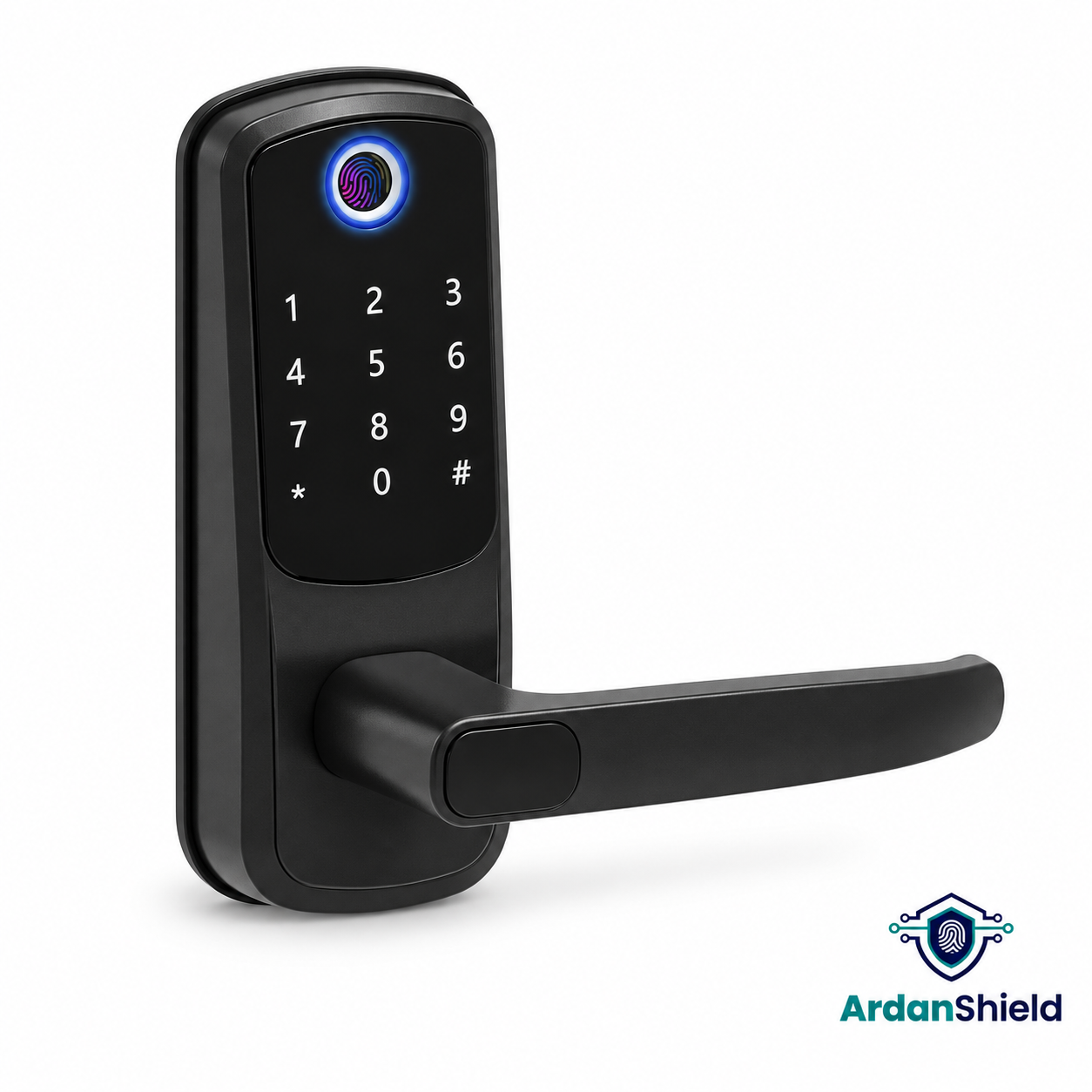 FortiLock black smart lock, angled view on white