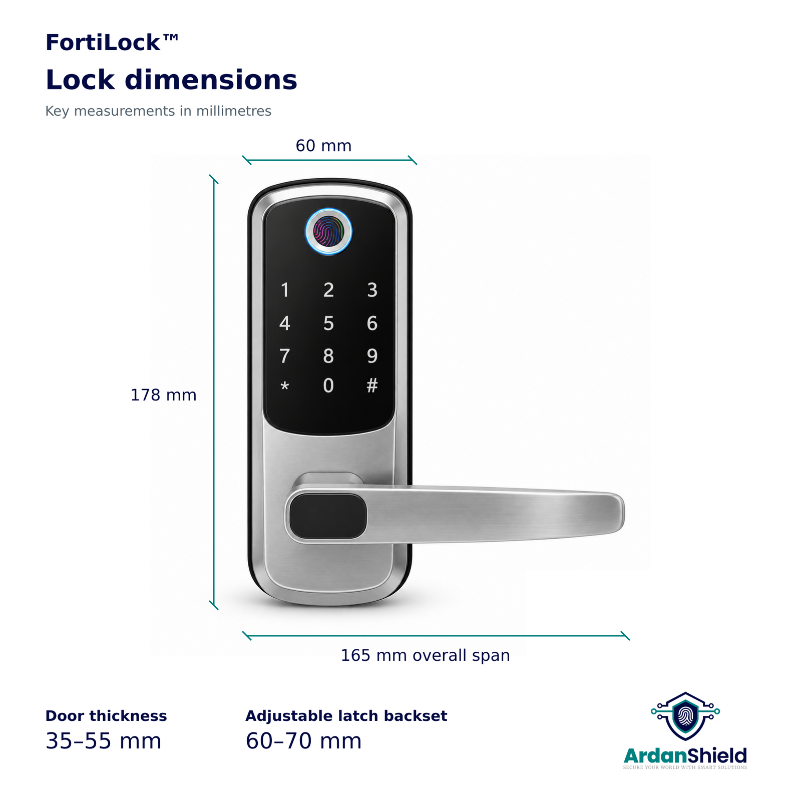 FortiLock dimensions: 178 mm high, 60 mm body width, 165 mm overall span; door thickness 35–55 mm