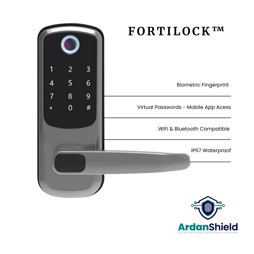 FortiLock Smart Lock infographic showing front face with fingerprint sensor, digital keypad, virtual passwords, mobile app access, WiFi, Bluetooth, IP67 waterproof rating, and ArdanShield branding