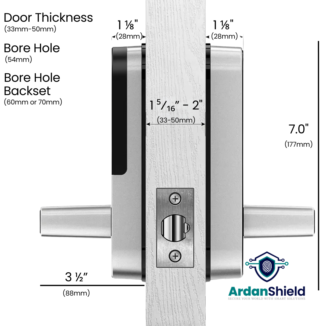 FusionGuard WiFi Smart Lock fitting diagram – shows UK door compatibility with 33–50mm thickness, 54mm bore hole, and 60–70mm backset