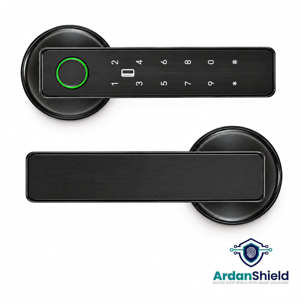 ArdanShield RoomVault black smart door handle set with fingerprint reader and PIN keypad.