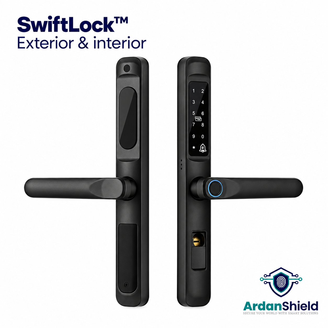 ArdanShield SwiftLock black smart lock, showing exterior keypad handle and interior handle.