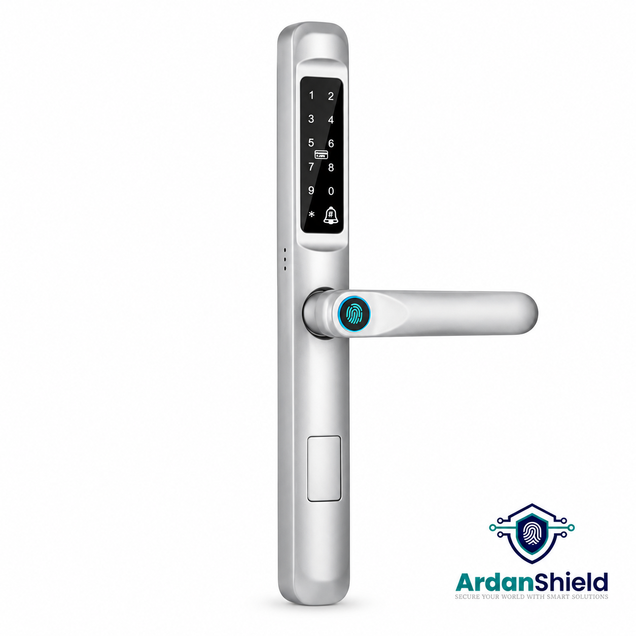 ArdanShield SwiftLock silver smart door handle with PIN keypad and fingerprint reader.