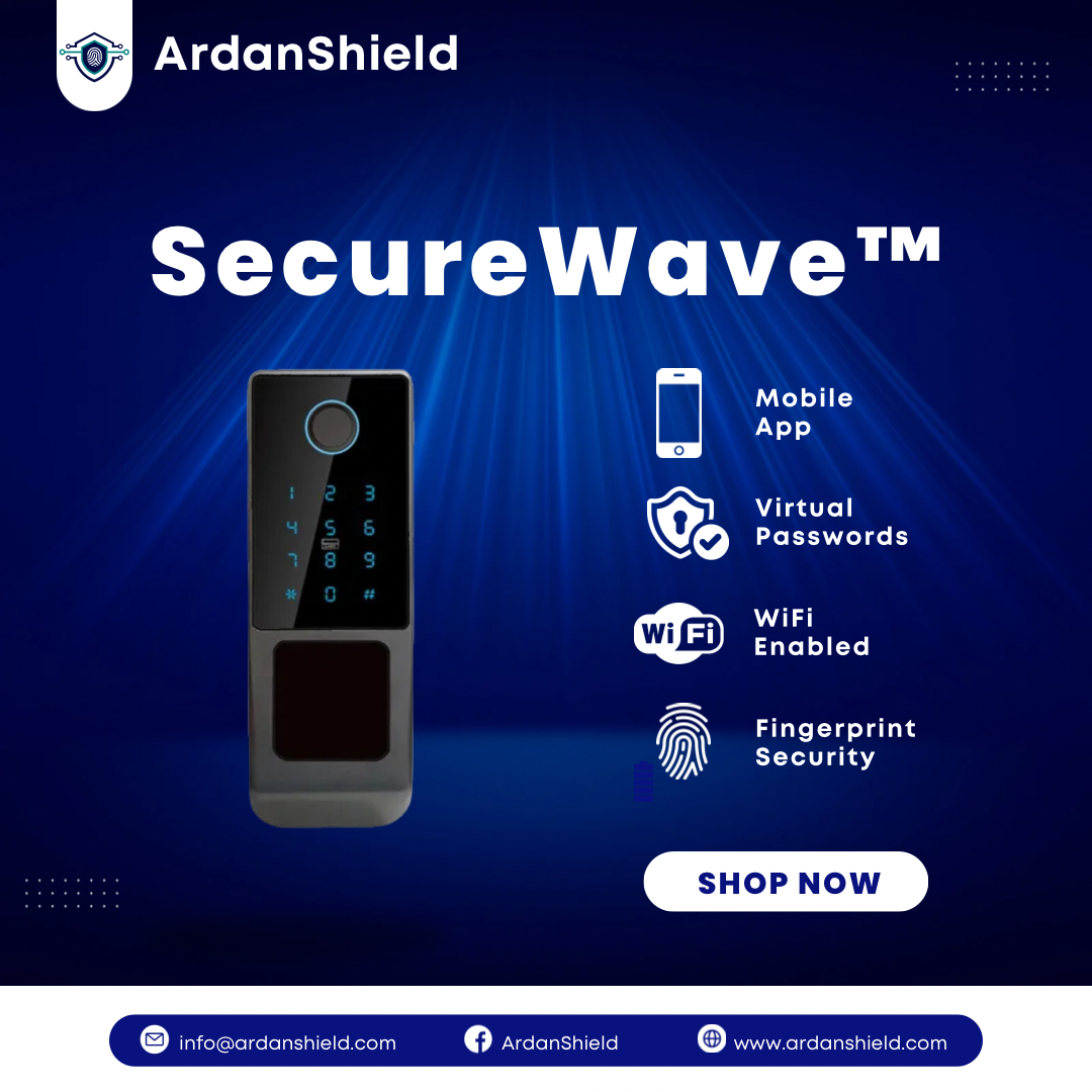 ArdanShield SecureWave smart door lock with fingerprint, PIN and mobile-app feature icons.