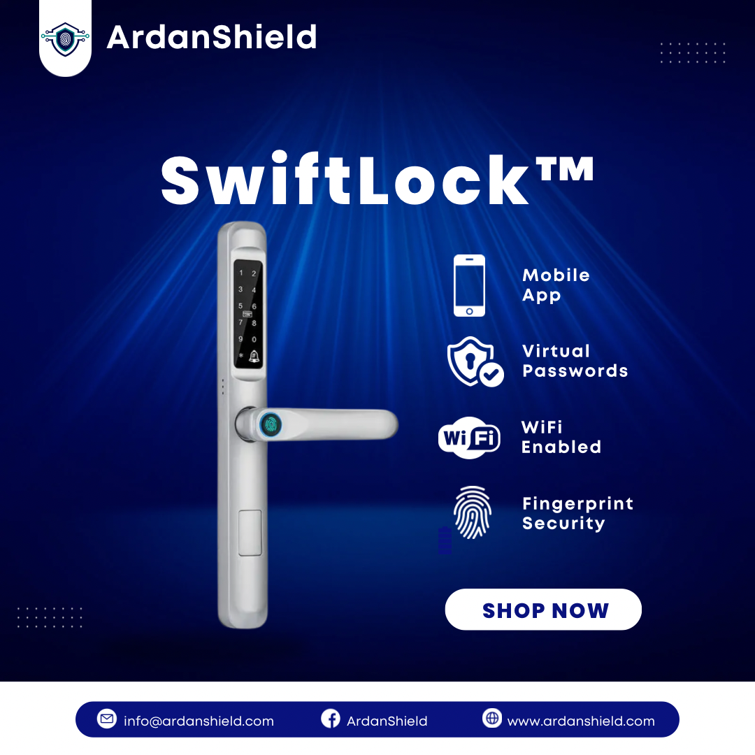 ArdanShield SwiftLock silver smart door handle with fingerprint, PIN and mobile-app feature icons.