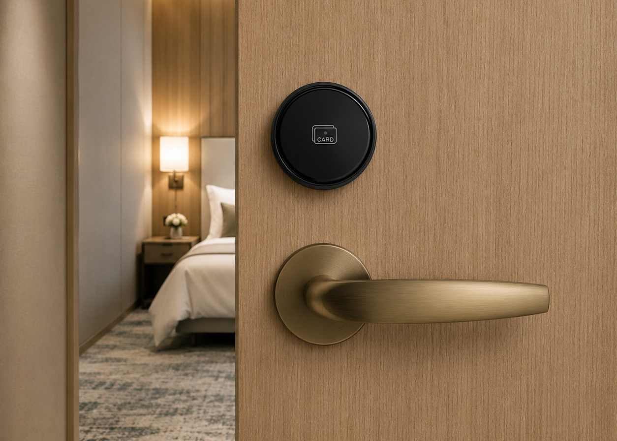 AX Series hotel lock set installed on a light wood door, featuring a round black electronic RFID lock and a brushed brass lever handle, with a softly blurred bedroom visible in the background.