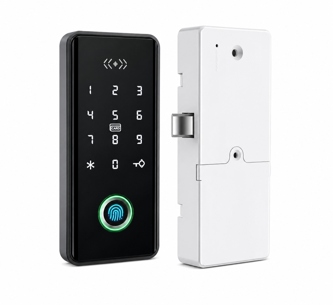 Angled view of the black ArdanShield AccessCore smart cabinet lock with rear internal body housing displayed