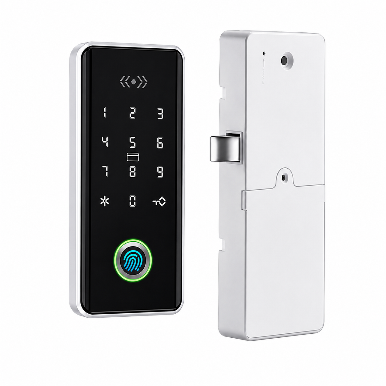 Angled view of the silver ArdanShield AccessCore smart cabinet lock with rear internal body housing displayed