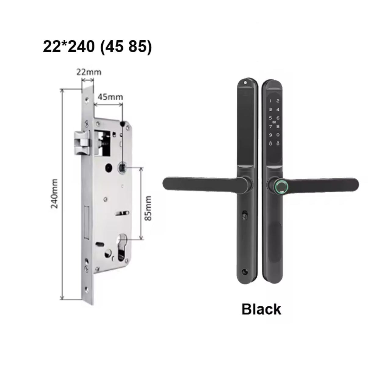 Upgrade your security with ApexLock™, a sleek smart lock with a 22 × 240 mm (45 85) mortise, perfect for homes, offices, and rentals. It features fingerprint, keypad, IC card, key, and Bluetooth app unlocking for seamless access. Made from durable aluminum alloy with an IP65 waterproof rating, it ensures reliability and style.