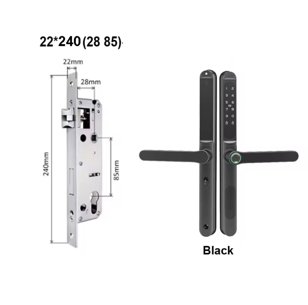 Secure your space with ApexLock™, featuring a 22 × 240 mm (28 85) mortise for a perfect fit. This black smart lock supports fingerprint, keypad, IC card, key, and Bluetooth app access. Made from durable aluminum alloy with an IP65 waterproof rating, it combines security with a sleek, modern design.