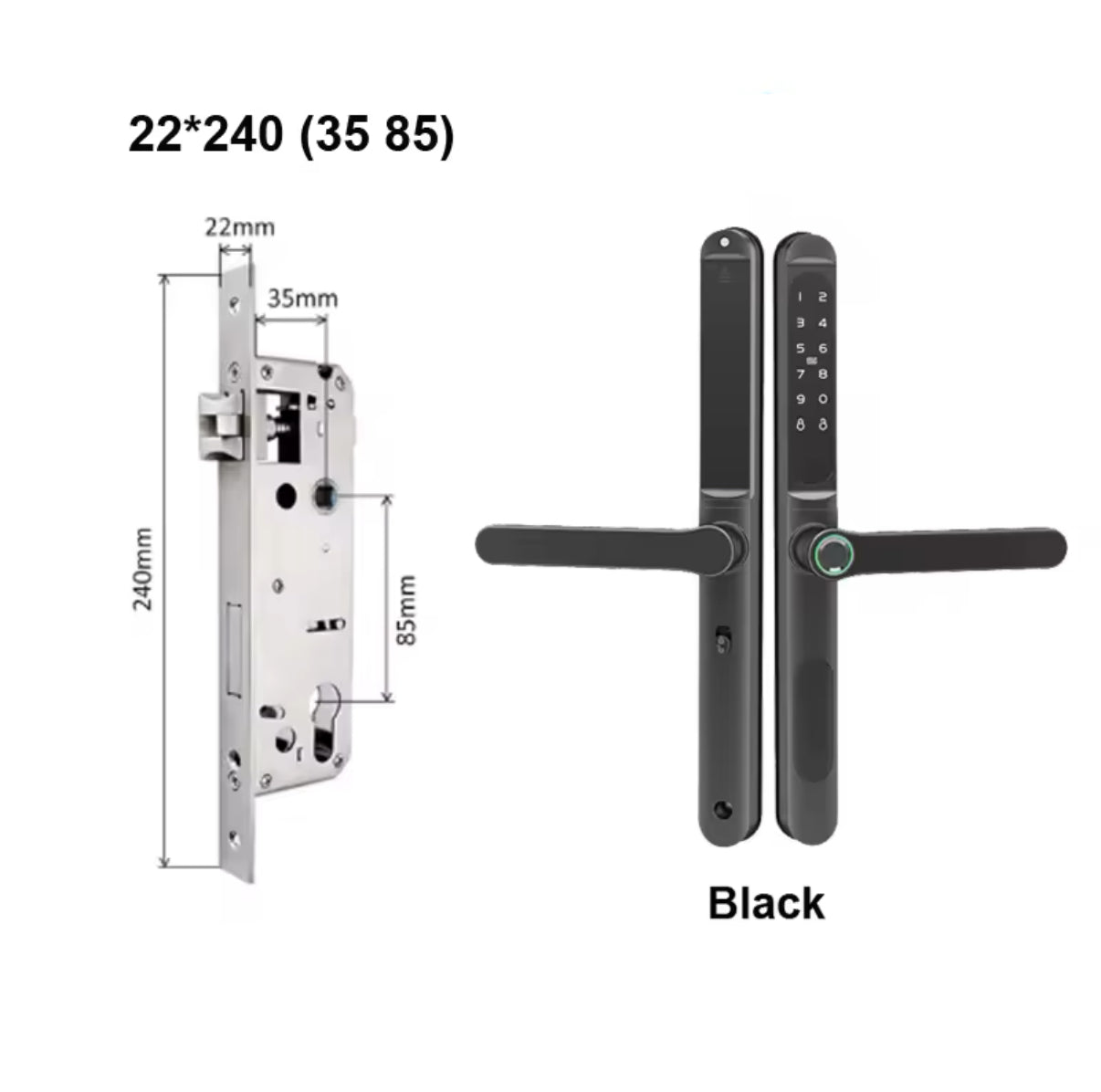Secure your space with ApexLock™, featuring a 22 × 240 mm (35 85) mortise for a perfect fit. This black smart lock supports fingerprint, keypad, IC card, key, and Bluetooth app access. Made from durable aluminum alloy with an IP65 waterproof rating, it combines security with a sleek, modern design.