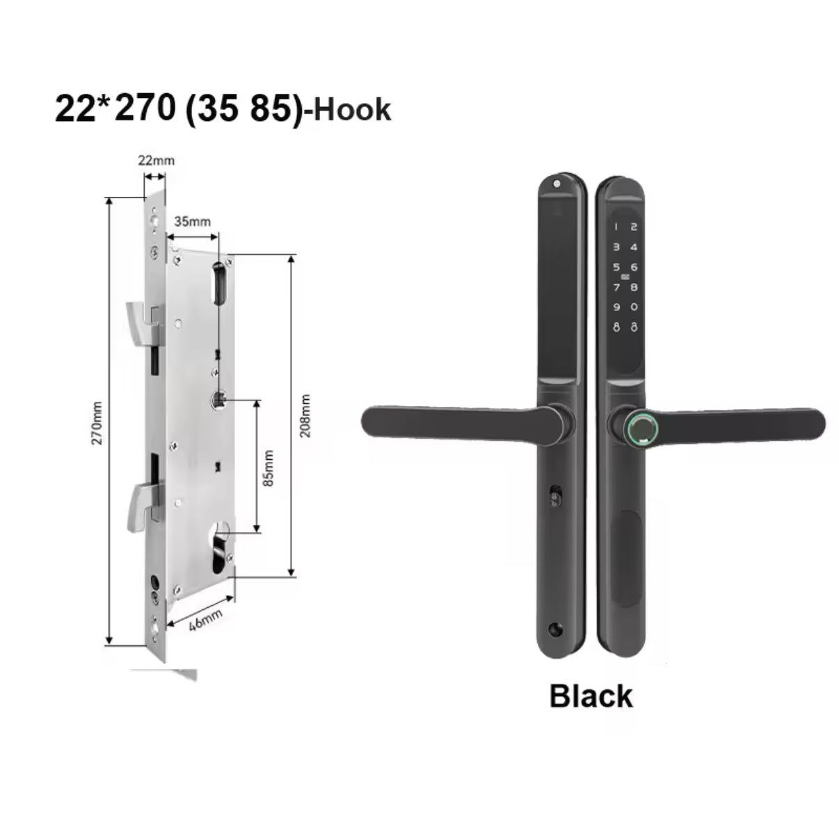 Upgrade your security with ApexLock™, designed with a 22 × 270 mm (35 85) hook mortise for extra protection. Ideal for homes, offices, and rentals, it offers fingerprint, keypad, IC card, key, and Bluetooth app access. Built from durable aluminum alloy with an IP65 waterproof rating, it ensures reliability with a sleek, modern design.