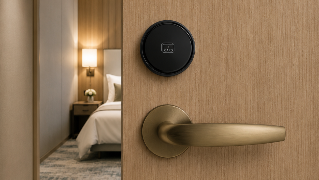 ArdanShield AX™ Series Linear Bronze installed on an oak door at a luxury UK Hotel with neutral colour scheme.
