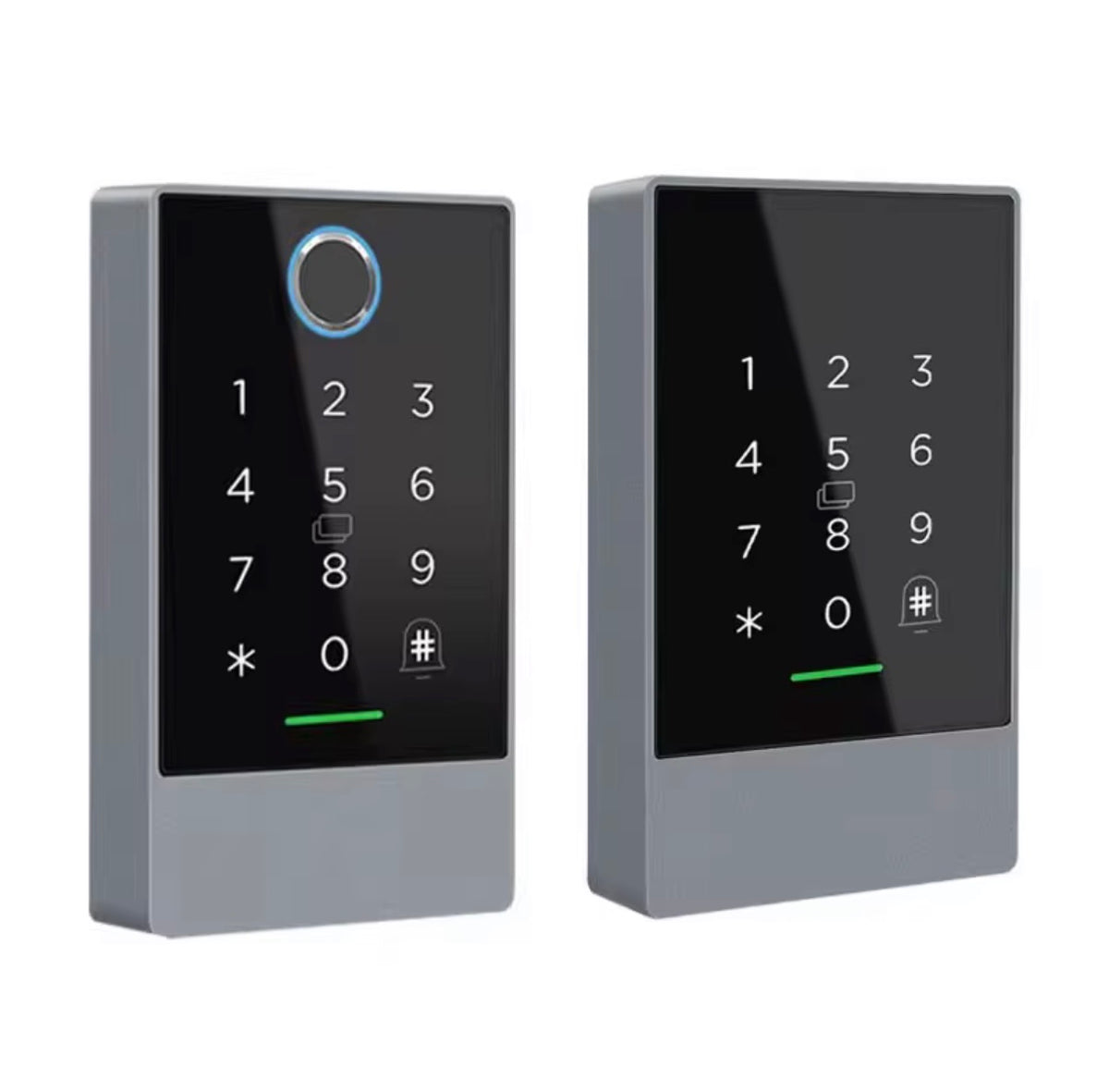 ArdanShield AccessPoint smart access control system showing front and angled views with fingerprint model and RFID card and PIN keypad entry